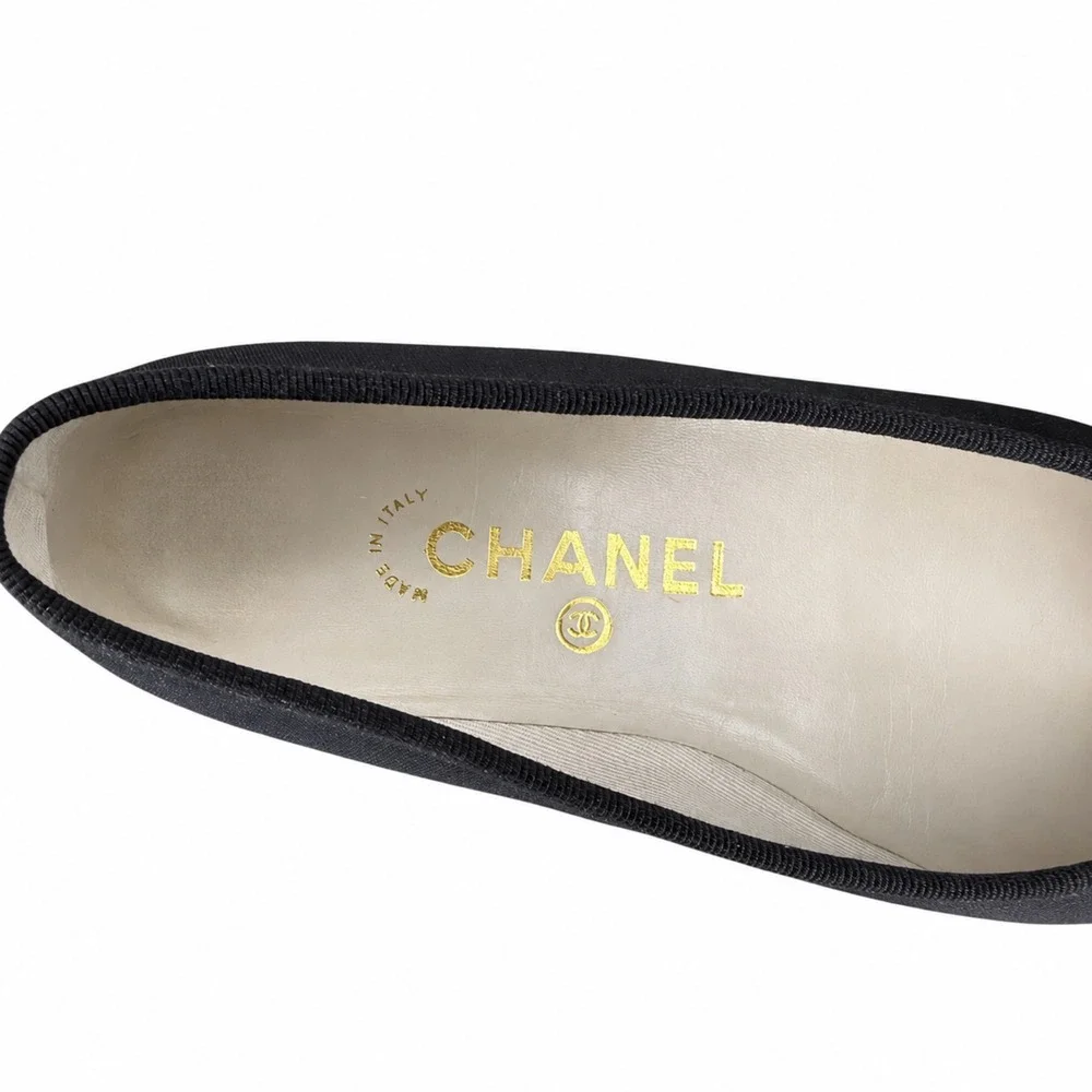 Chanel Black Grosgrain and Velvet Bow Ballet Flats